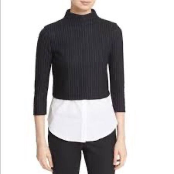 NWOT THEORY Melbourne Gracila Navy Pinstriped Wool Blend 3/4 Sleeve Top Size M - Picture 1 of 8